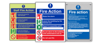 Image of 3 variations of fire action signs in glow in the dark, normal and acrylic materials