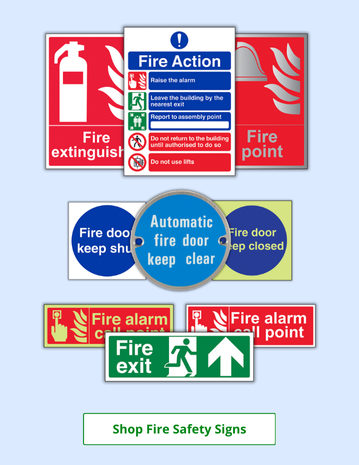Image of fire safety signs such as Fire Action Signs, Fire Door Signs and Fire Exit Signs