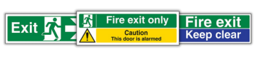 Image of 3 fire exit sign variations that are eco friendly