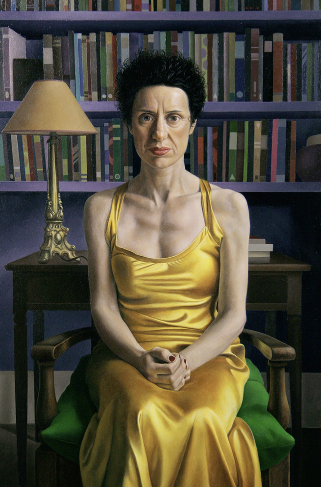 Portrait painting by John Burke featuring the seated figure of Pen Vogler in a gold dress with a bookshelf background