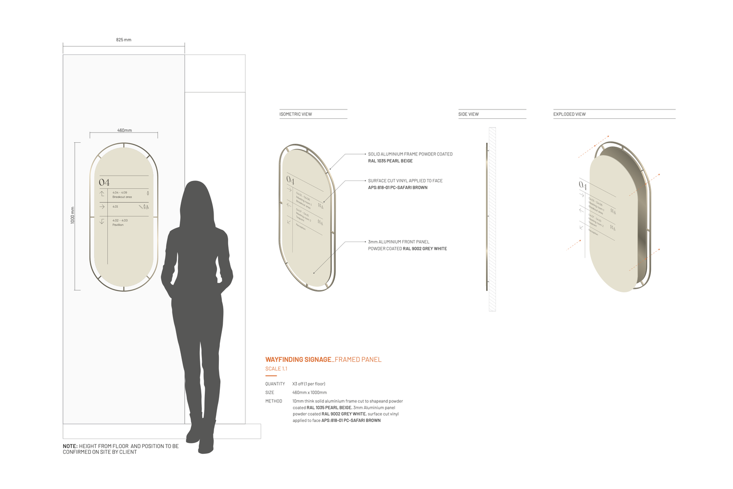 Technical design drawing for the Ellisse 3D office directory, showing the curved metal frame and bespoke wayfinding construction.