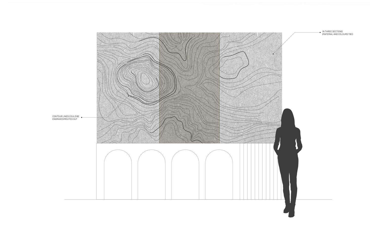 Reception wall design concept for Ellisse by Spacemade, using layered contour-line graphics as part of the early creative development process.
