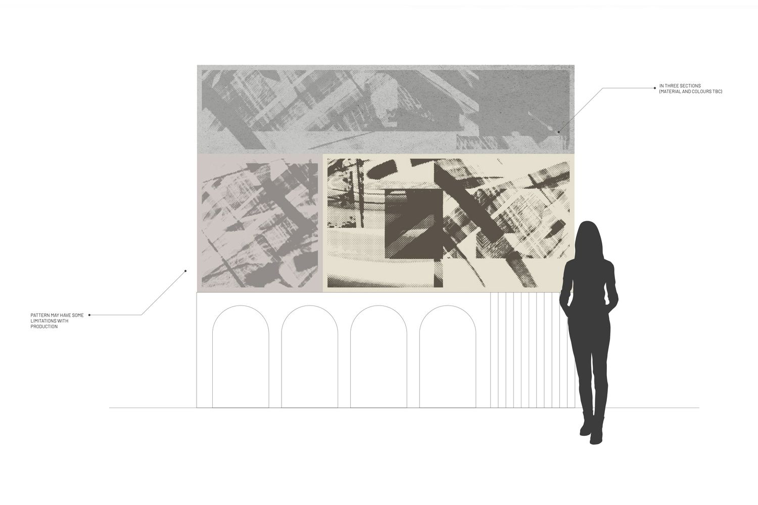 Early reception wall concept for Ellisse by Spacemade, using abstract architectural imagery and halftone graphics inspired by St Bride Street and Fleet Street printing.