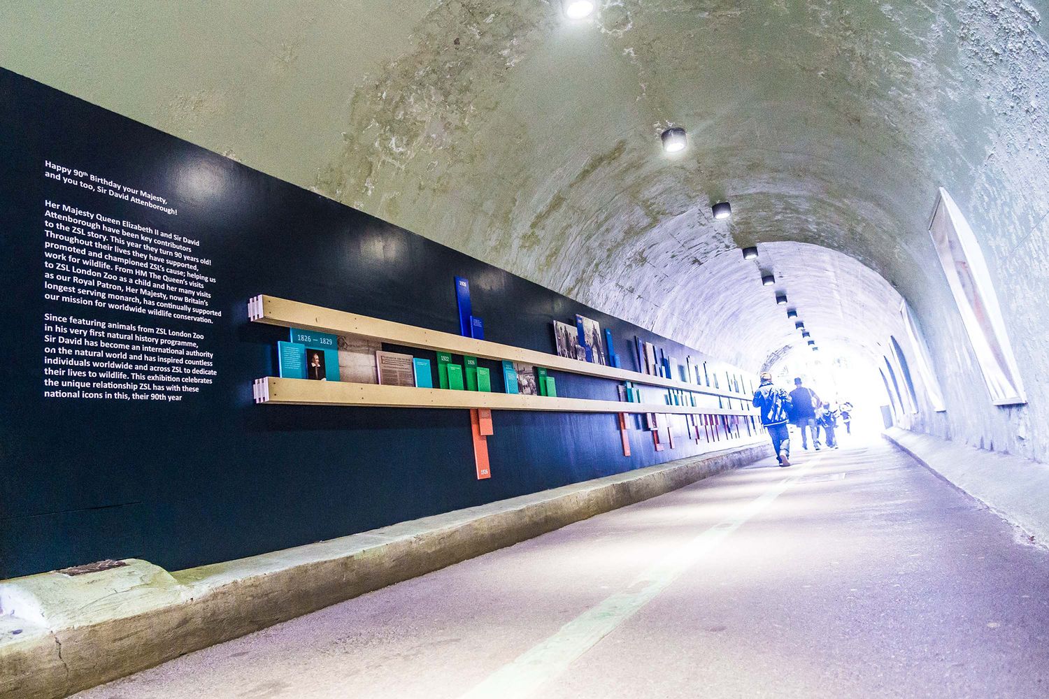 Picture of the tunnel showing the beginning of the lifeline with white captions on the black wall and 2 long shelves housing pictures and colourful plaques