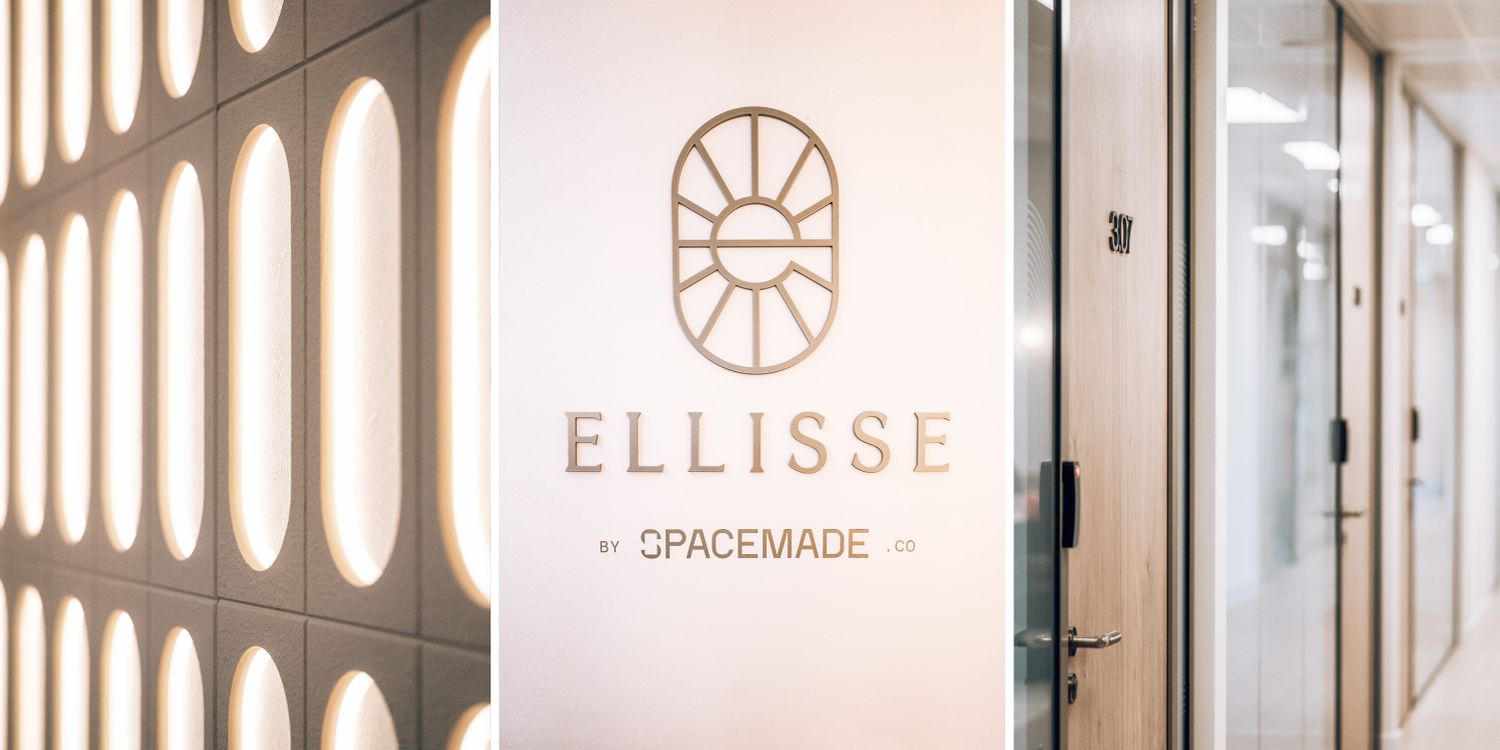 Ellisse by Spacemade signage at 10 St Bride Street, showing the illuminated reception feature wall, bespoke metal Ellisse logo and branded office identification signage.
