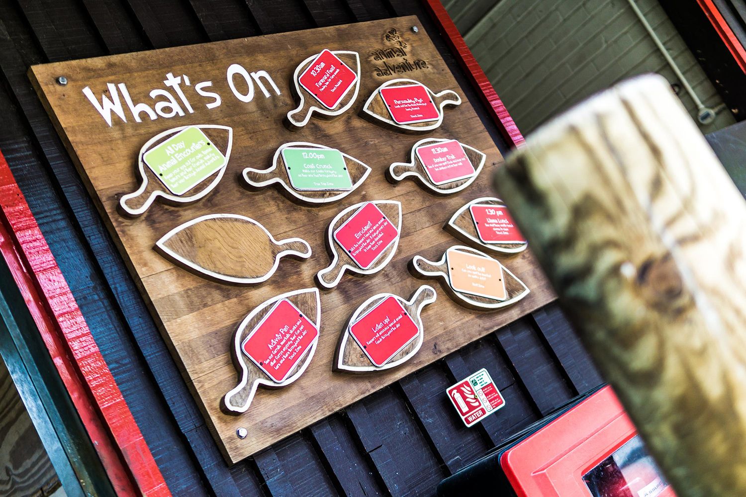 Colourful plaques are fixed to wooden leaves that are randomly placed on a carved wooden plaque. A great example of bespoke outdoor signs fro Glyphics