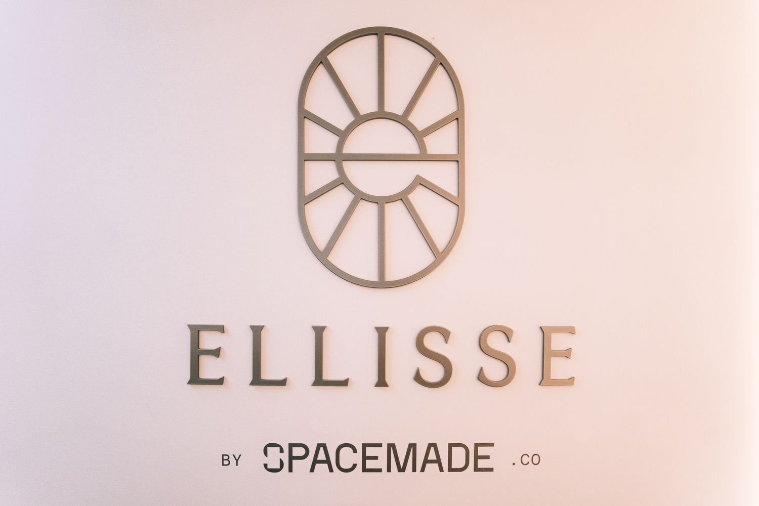 Bespoke metal Ellisse by Spacemade reception logo and lettering, part of the Art Deco inspired office signage system at 10 St Bride Street.