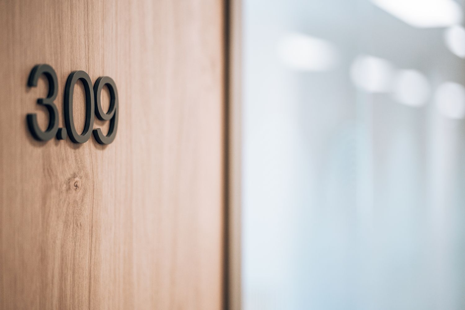 Bespoke 3D office number 3.09 at Ellisse by Spacemade, part of the workplace identification signage system.