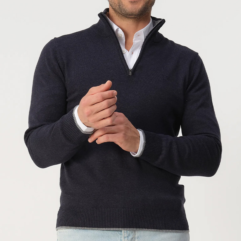 Close-up van blauwe Campbell schipperstrui