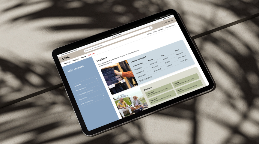 Tablet waarop de account omgeving van de OFM website te zien is