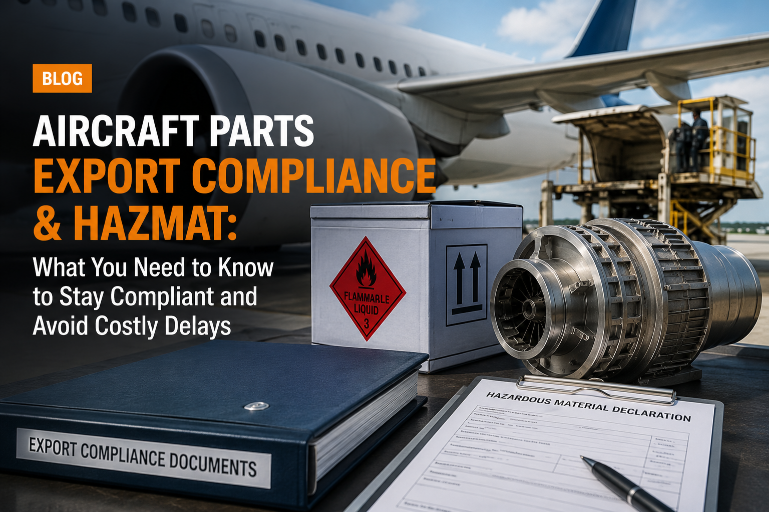 Close-up of aircraft parts with a compliance document, hazardous material declaration, and a warning sign, against an airplane background.