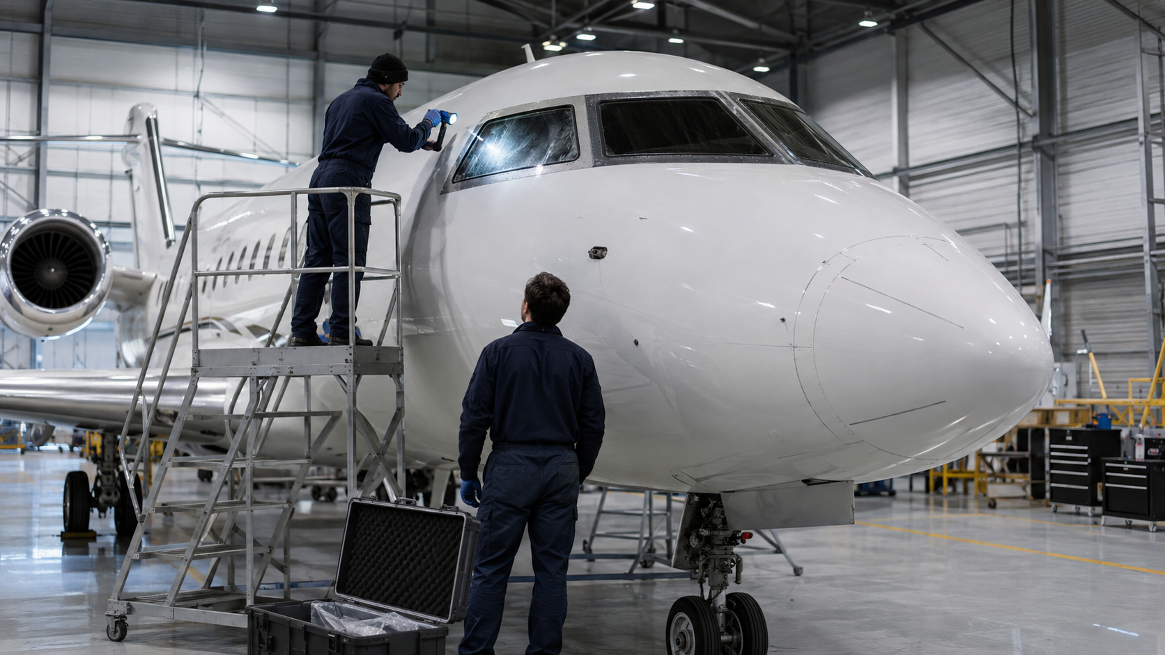 Aircraft Maintenance being performed on a Medium Size Business Jet