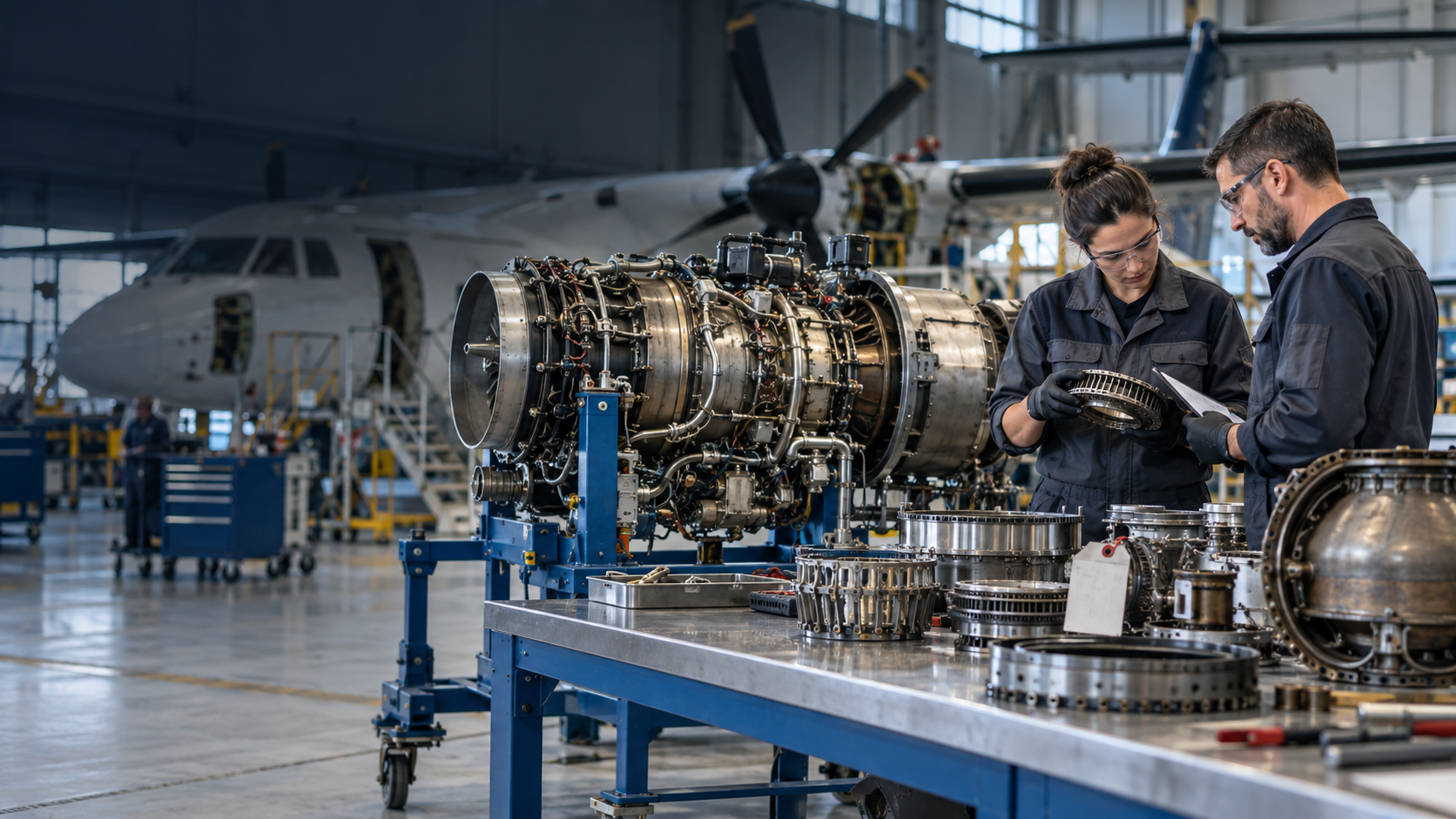 Technicians inspecting a turboprop engine and serviceable components inside an aviation MRO facility.