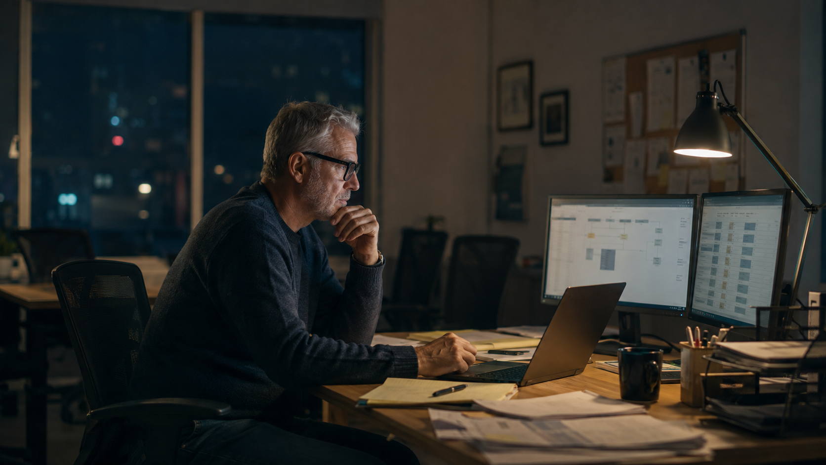 Business owner at their desk late at night