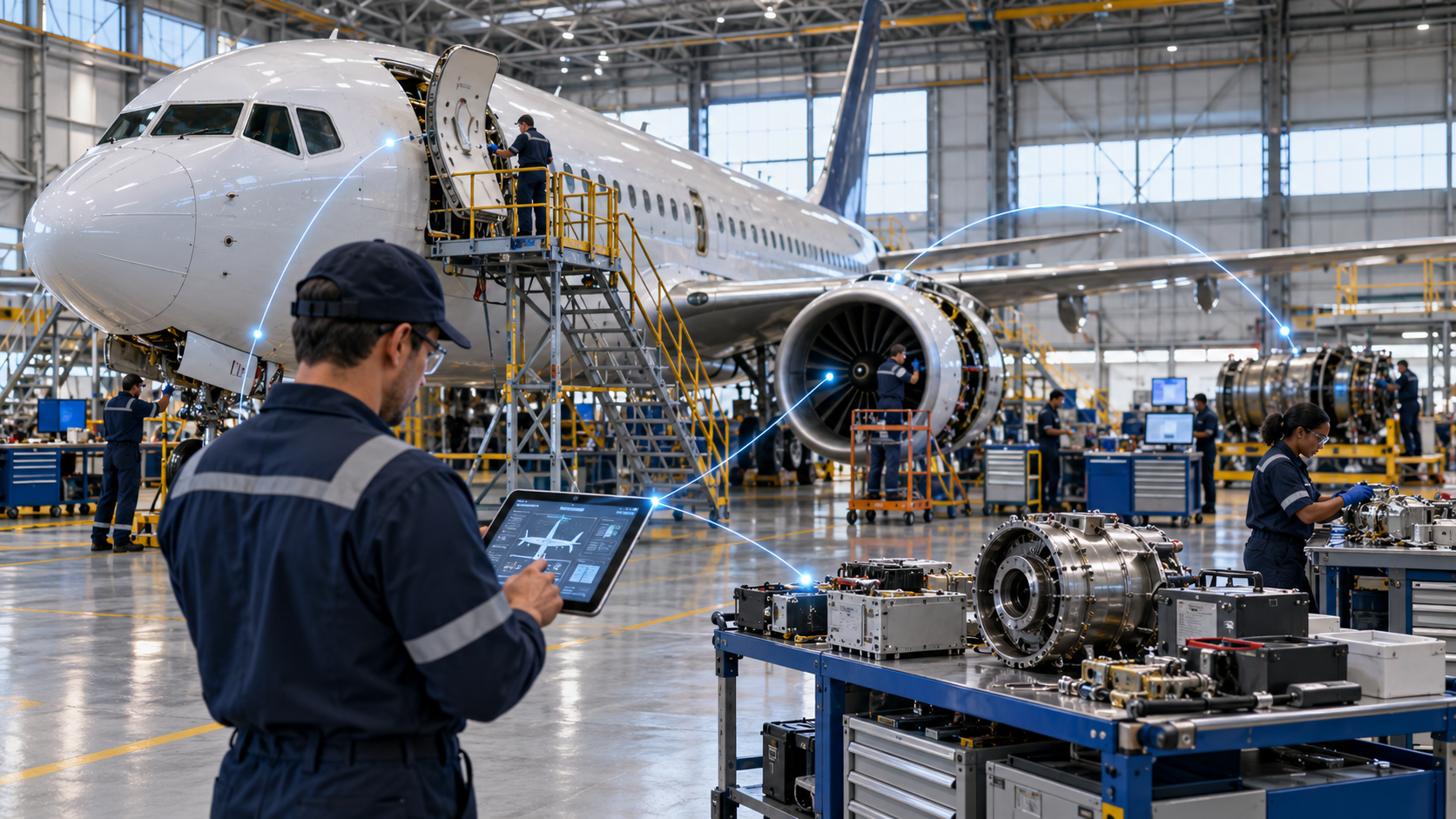 Commercial aircraft undergoing heavy maintenance as technicians connect parts, component repair and digital software systems.