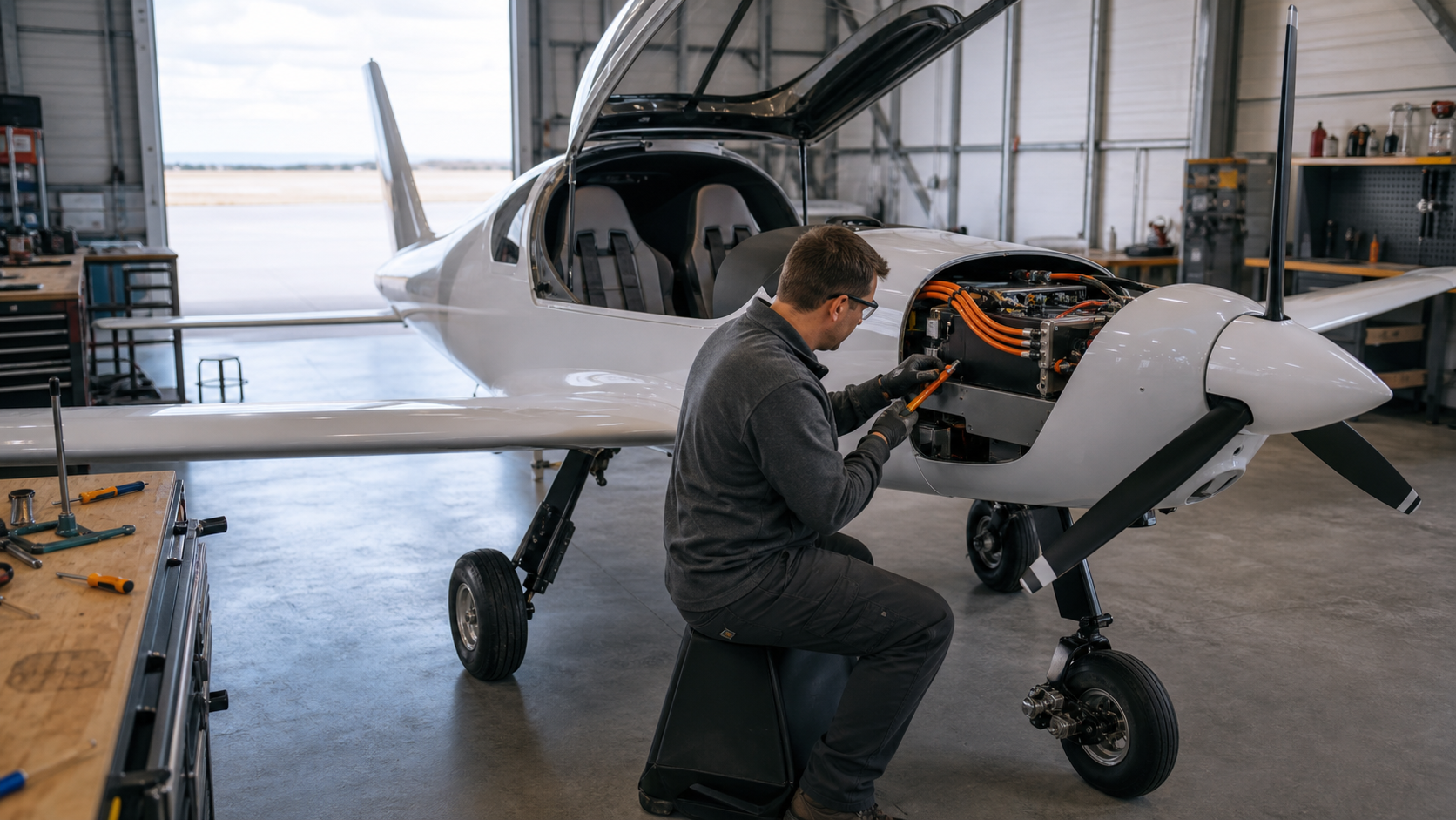 Aviation maintenance technician inspecting the high-voltage propulsion system of an electric training aircraft in a GA hangar.