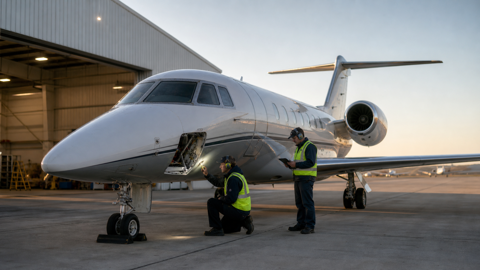 Maintenance technicians inspect an older business jet outside an MRO hangar