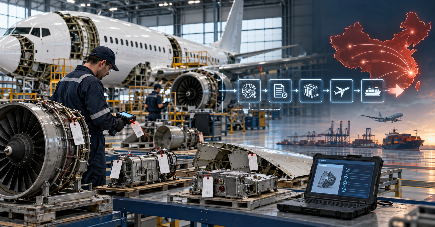 Aircraft components being tagged and digitally recorded during an approved teardown for access to China’s aviation-parts market