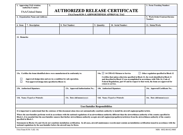 Image of the FAA 8130-3 Authorized Release Certificate