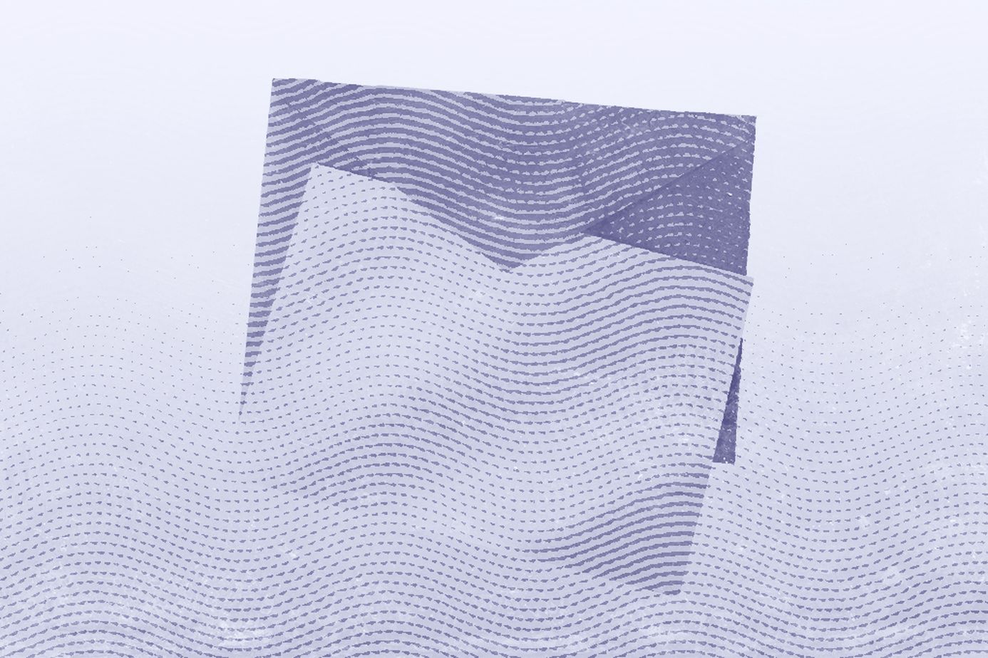 Abstract image of overlapping purple envelopes with wavy line patterns on a light background.