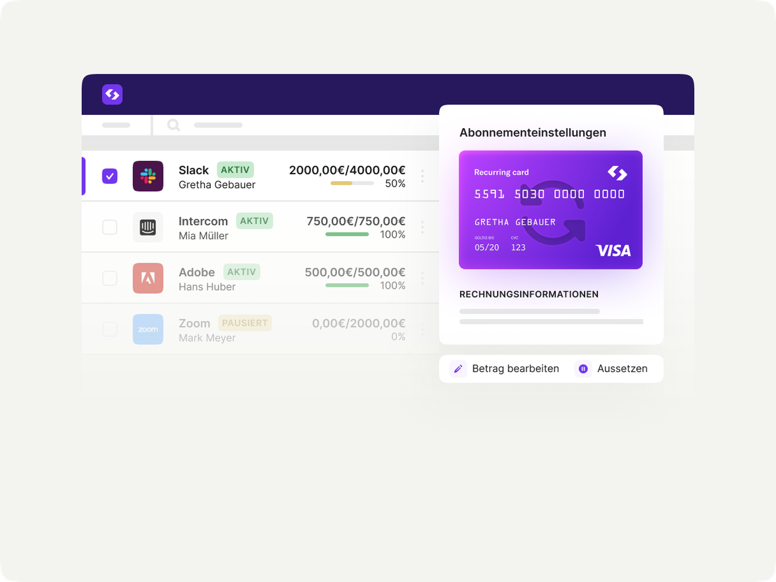 Dashboard von Spendesk, auf dem Mitarbeiterausgaben wie Abos verwaltet werden können