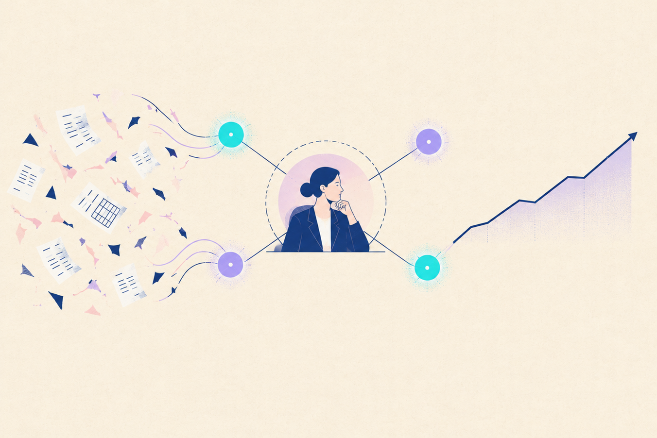 A woman in business attire connects data on the left with a growing graph on the right, symbolizing analysis and progress.