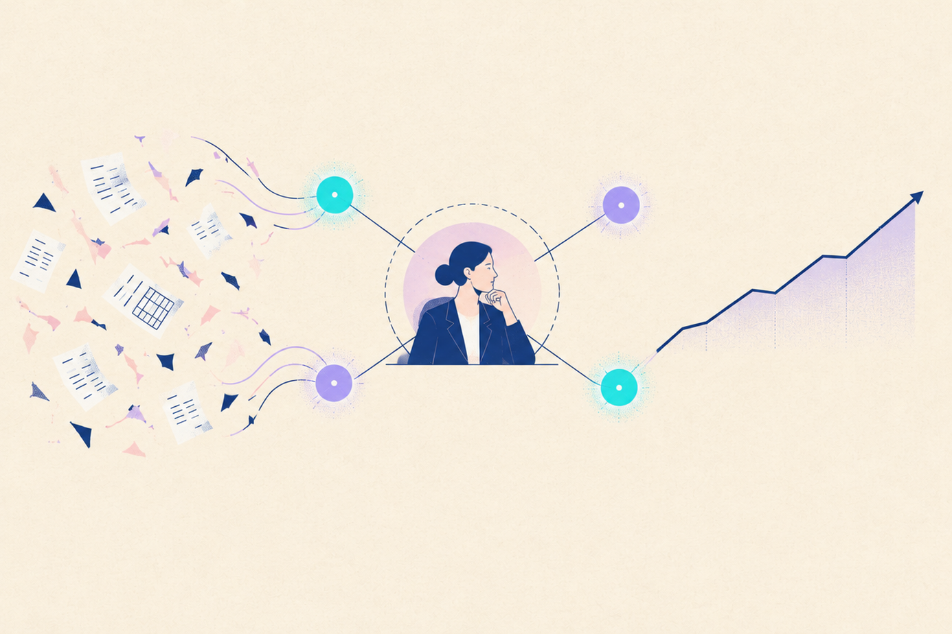 A woman in business attire connects data on the left with a growing graph on the right, symbolizing analysis and progress.