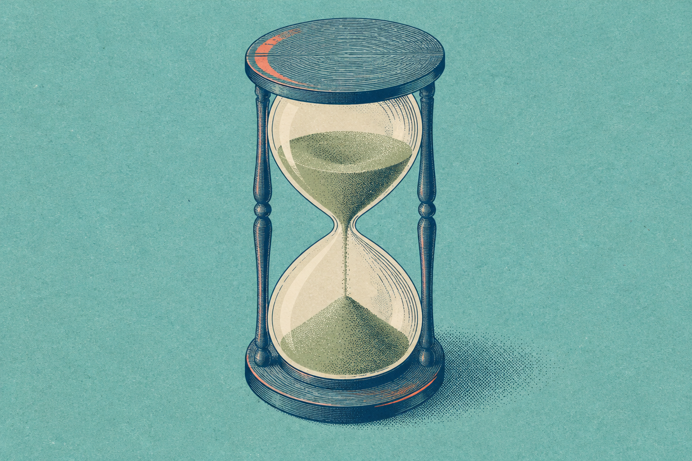 Illustration of an hourglass with sand halfway through, on a light blue background.