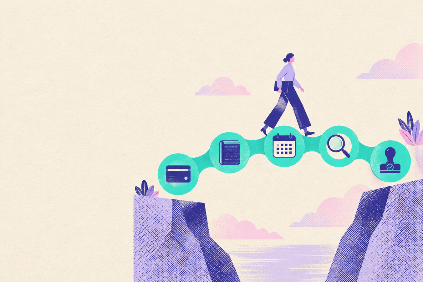 Illustration of a person walking across a bridge made of interconnected circles representing various icons, spanning a gap between cliffs.