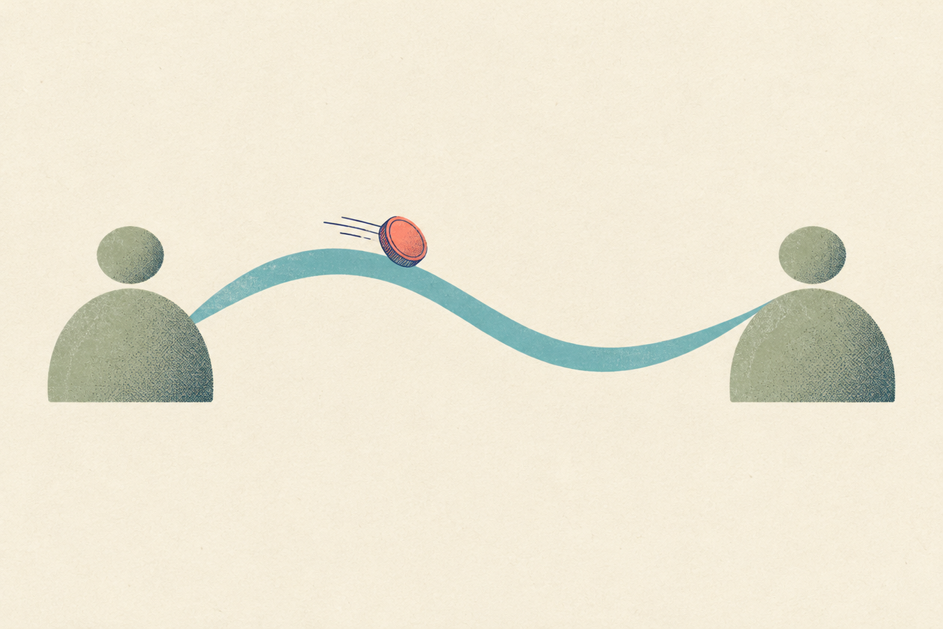 Two abstract figures linked by a flowing blue path with a red coin-like object traveling along it.