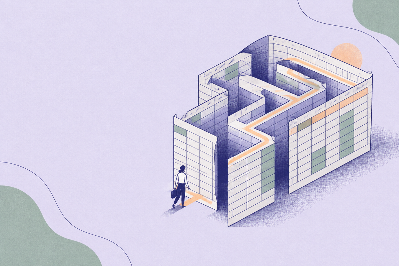 Illustration of a person walking into a maze-like structure resembling a 3D spreadsheet, with a highlighted path inside.