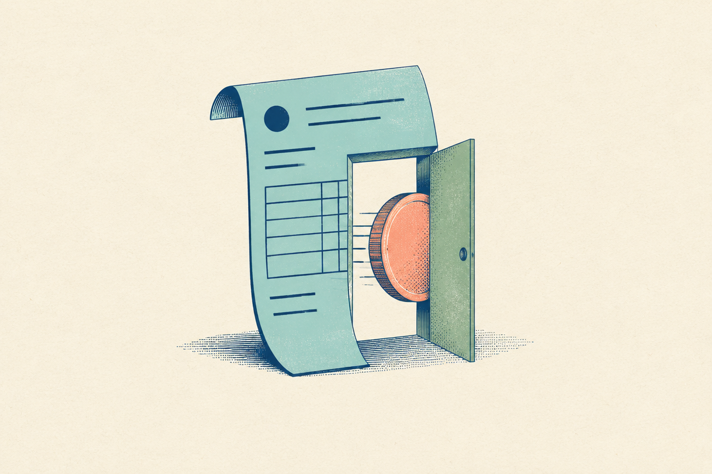 A stylized illustration of a document with a door opening to reveal a large coin inside.