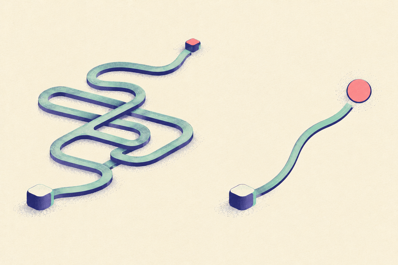 Two paths: one tangled leading from a square to another square, another simple, leading from a square to a circle on a beige background.