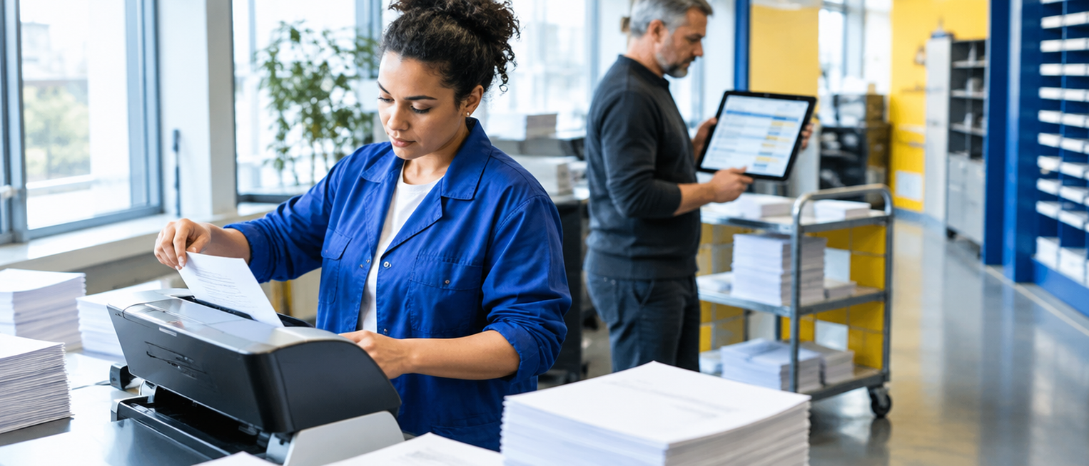 Eine Person scannt eine Papierrechnung, während eine weitere Person strukturierte Rechnungsdaten auf einem Tablet prüft. Die Szene zeigt den Übergang von papierbasierten zu digitalen Rechnungsprozessen.