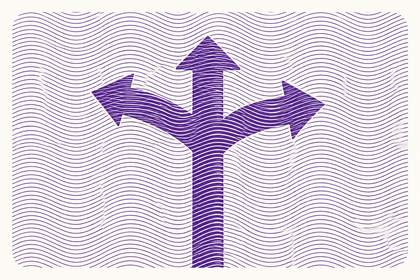 Purple trident-shaped arrows pointing left, up, and right on a wavy purple line patterned background.