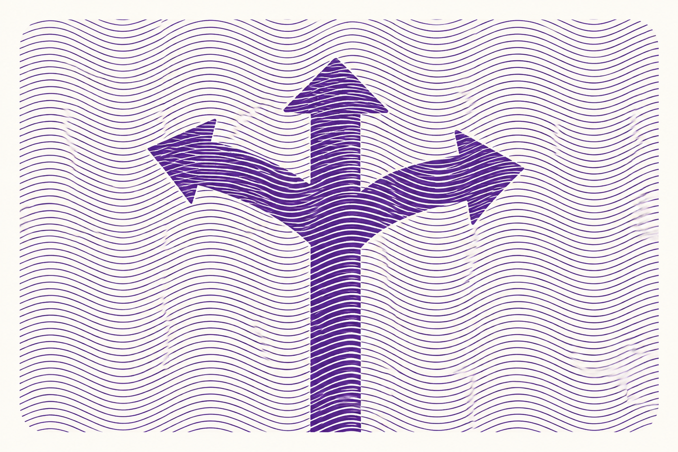 Purple trident-shaped arrows pointing left, up, and right on a wavy purple line patterned background.
