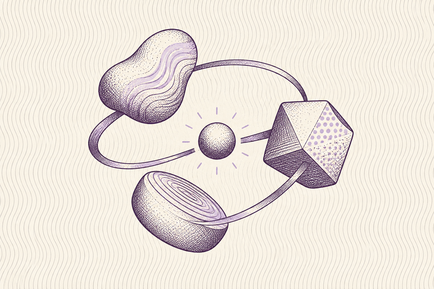 Abstrakte Illustration mit drei unterschiedlich gemusterten geometrischen Formen, die durch eine geschwungene Linie mit einem zentralen Punkt verbunden sind, auf hellem, wellenförmig gemustertem Hintergrund.