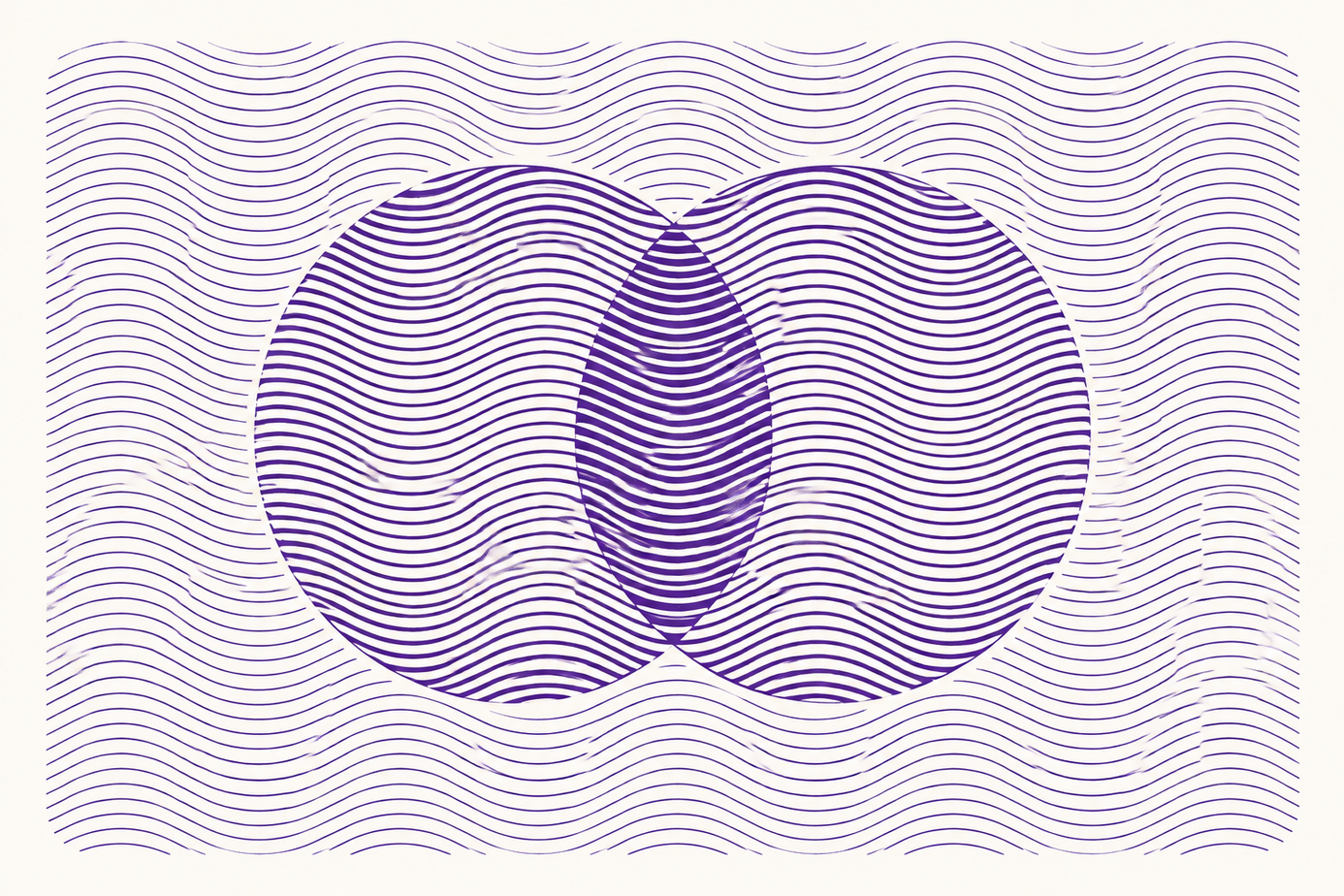 Abstract design with intersecting purple wavy lines forming an oval shape on a cream background.