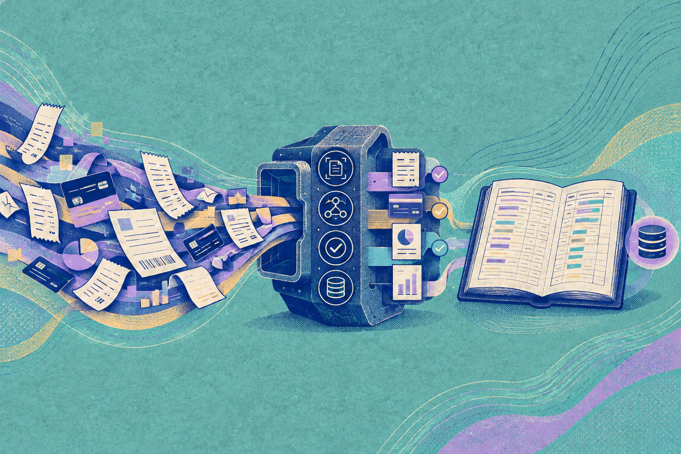 Editoriale Illustration zur Buchhaltungsautomatisierung. Belege, Firmenkarten und Rechnungen werden in einem zentralen digitalen Prozess gebündelt und strukturiert weiterverarbeitet. Der gedämpfte Türkiston orientiert sich an der Farbwelt des Referenzbilds und wird durch Indigo, Lavendel und warme Sandtöne ergänzt.