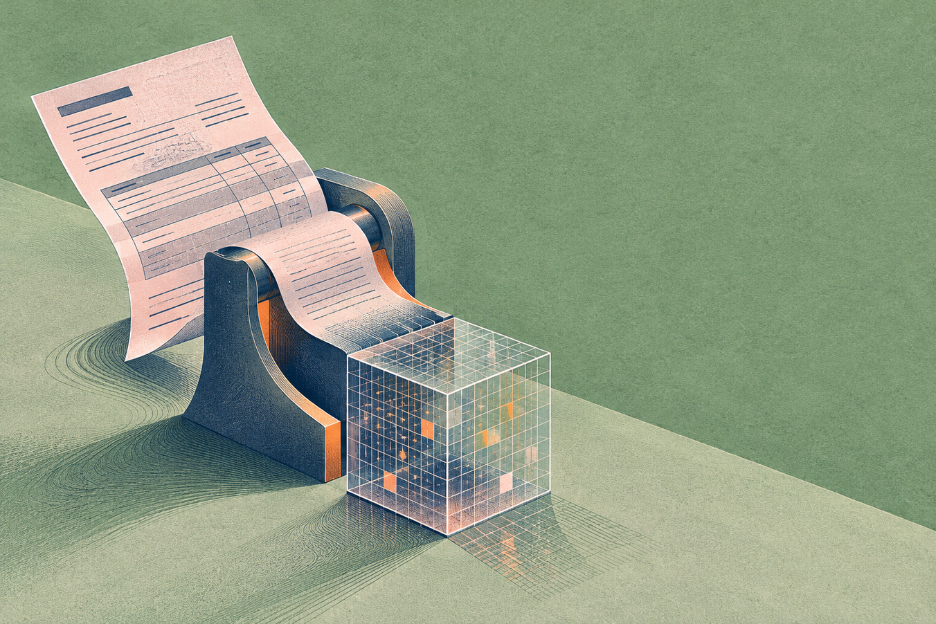 Gefaltete Papierrechnung wird in einer abstrakten Maschine in strukturierte digitale Rechnungsdaten umgewandelt.