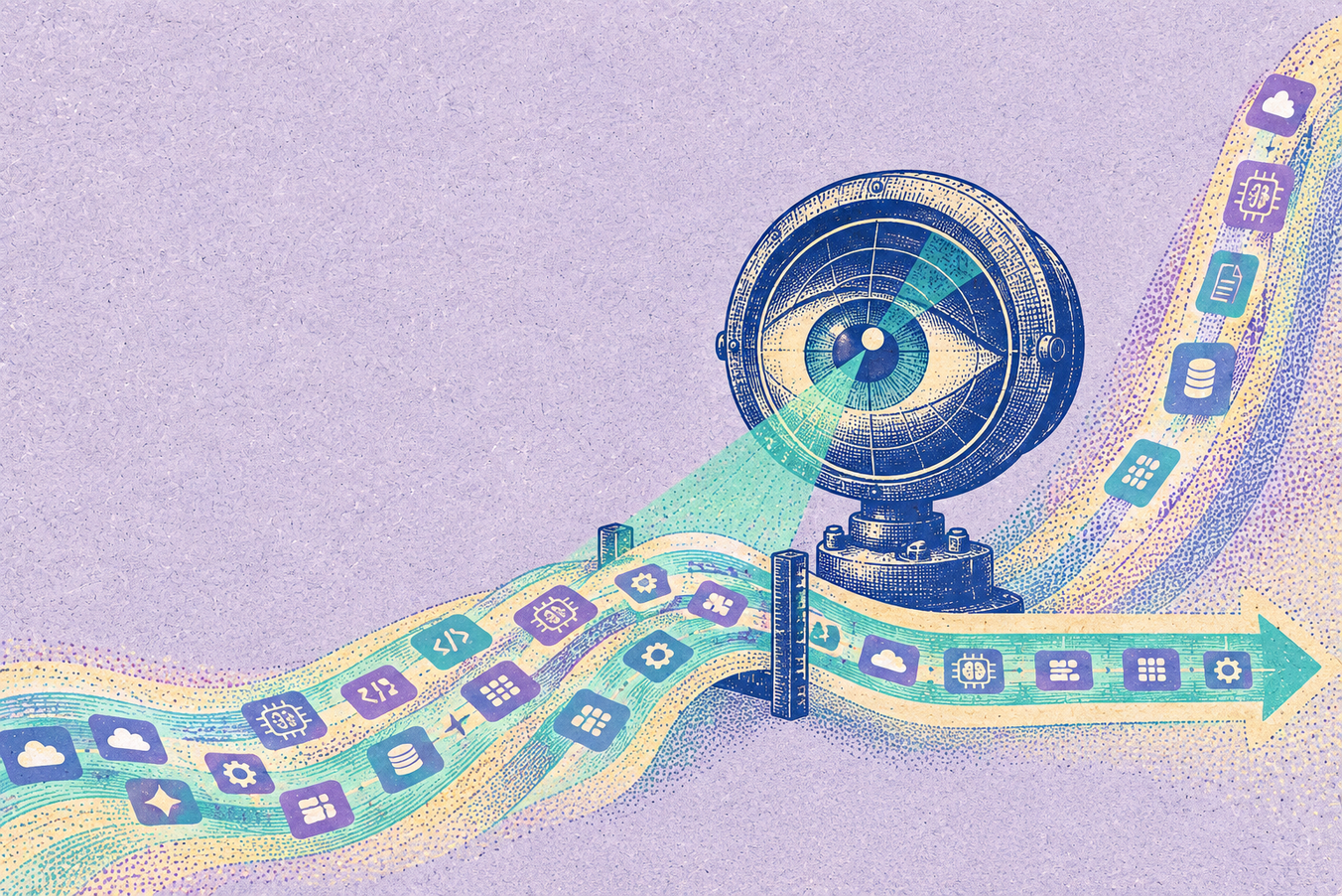 A large eye on a telescope emits a beam over flowing streams containing tech icons and symbols, against a textured purple background.