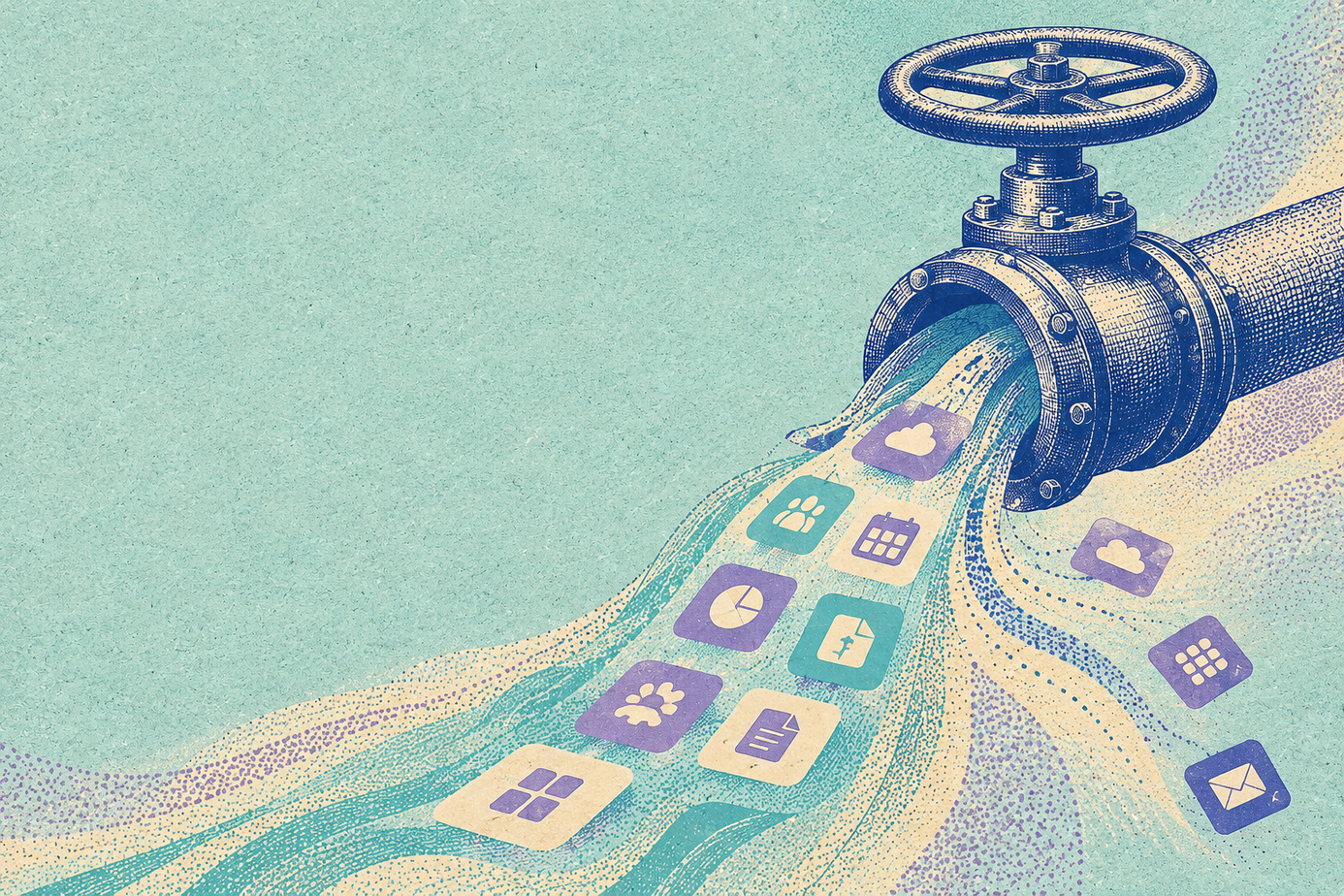 Illustration of a large pipe with a valve releasing a stream of digital icons, symbolizing data flow and information management.