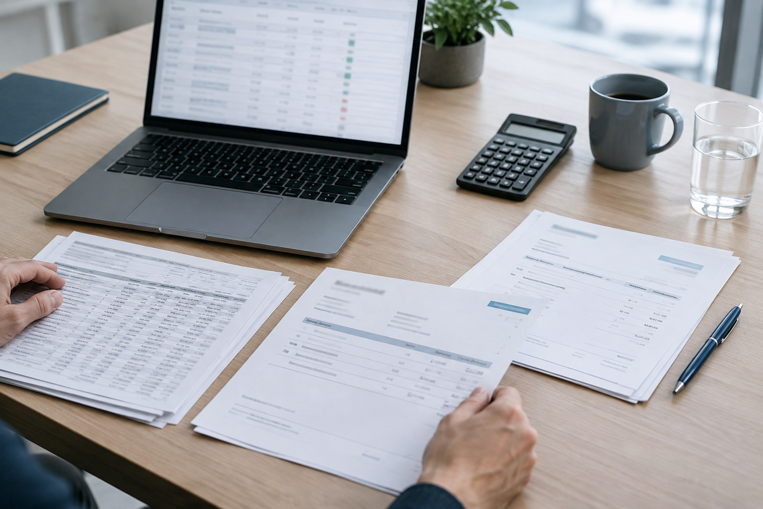 Finanzarbeitsplatz mit Kontoauszügen, Rechnungen, Taschenrechner und einer digitalen Transaktionsübersicht im Abgleich.