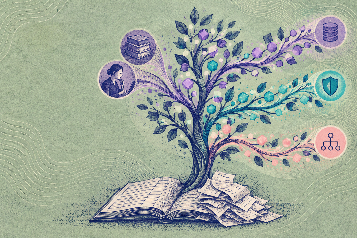 Editoriale Illustration für einen Artikel über Machine Learning und automatische Kontierung in der Buchhaltung. Ein verzweigter Datenbaum wächst aus einem Kontobuch und symbolisiert, wie Belege anhand von Buchungshistorie, Sachkonto, Steuerschlüssel und Kostenstelle automatisch zugeordnet werden.