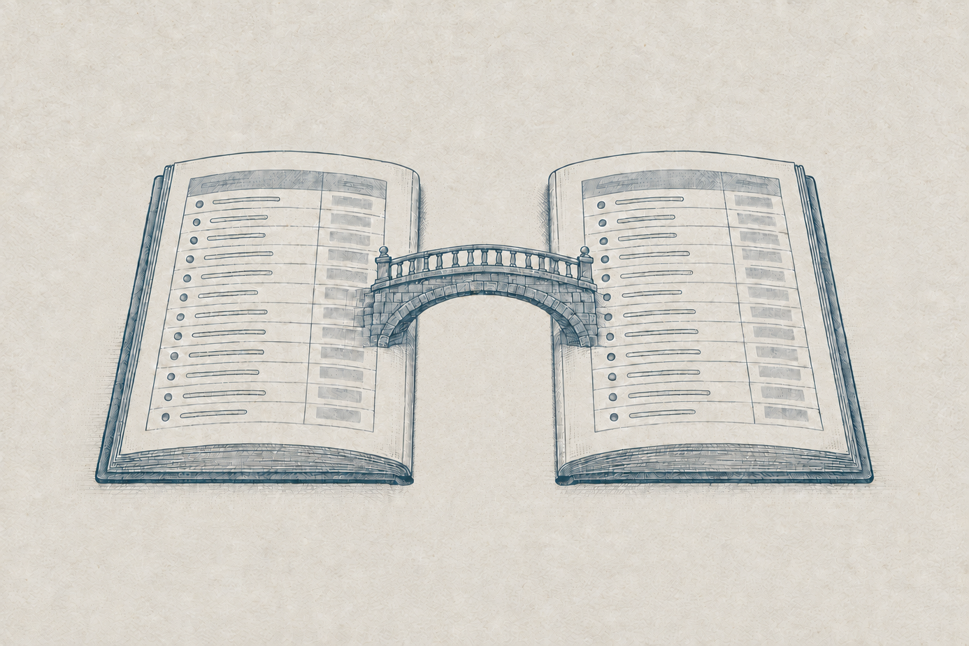 Blaugraue Gravurillustration eines geöffneten Kontobuchs mit zwei ausgerichteten Transaktionsspalten und verbindenden Linien auf hellem Papierhintergrund.