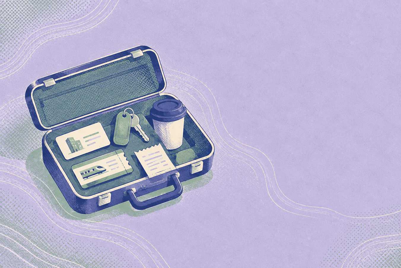 Editoriale Illustration für einen Artikel über Reisekosten-Software. Ein offener Business-Reisekoffer bündelt zentrale Elemente des Reisekostenprozesses, darunter Firmenkarten, Hotelbuchungen, Bahnreisen, Belege und Ausgaben. Die Farbwelt kombiniert helles, staubiges Lavendel mit Indigo, Türkis und Salbeigrün.