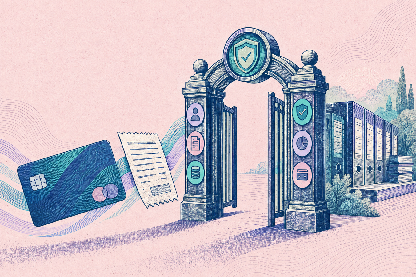 Editoriale Illustration zum Vergleich von Buchführungssoftware und Ausgabenmanagement. Ein zentraler Kontrollpunkt prüft Firmenkarte und Beleg, bevor die Ausgabe in eine strukturierte Buchhaltung übergeht. Das Motiv symbolisiert Freigaben, Ausgabenrichtlinien und Kontrollen vor der Zahlung. Der helle, staubige Rosaton des Hintergrunds wird durch Indigo, Türkis, Salbeigrün und Lavendel ergänzt.