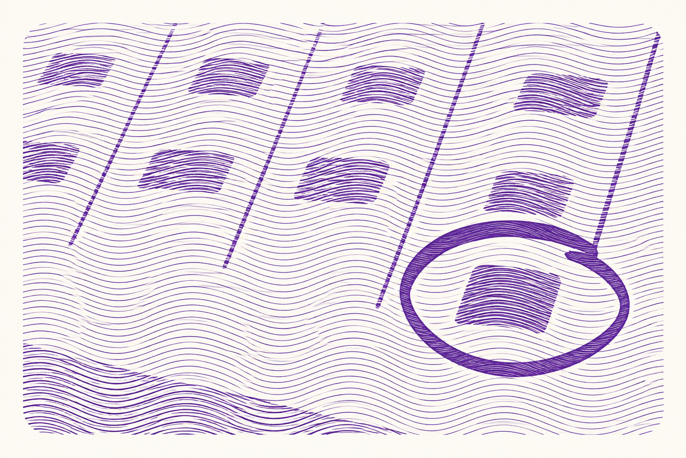 Abstract purple line art with wavy patterns and rectangular shapes; one shape is circled on the right side.