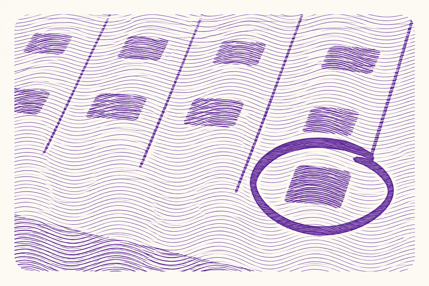 Abstract purple line art with wavy patterns and rectangular shapes; one shape is circled on the right side.