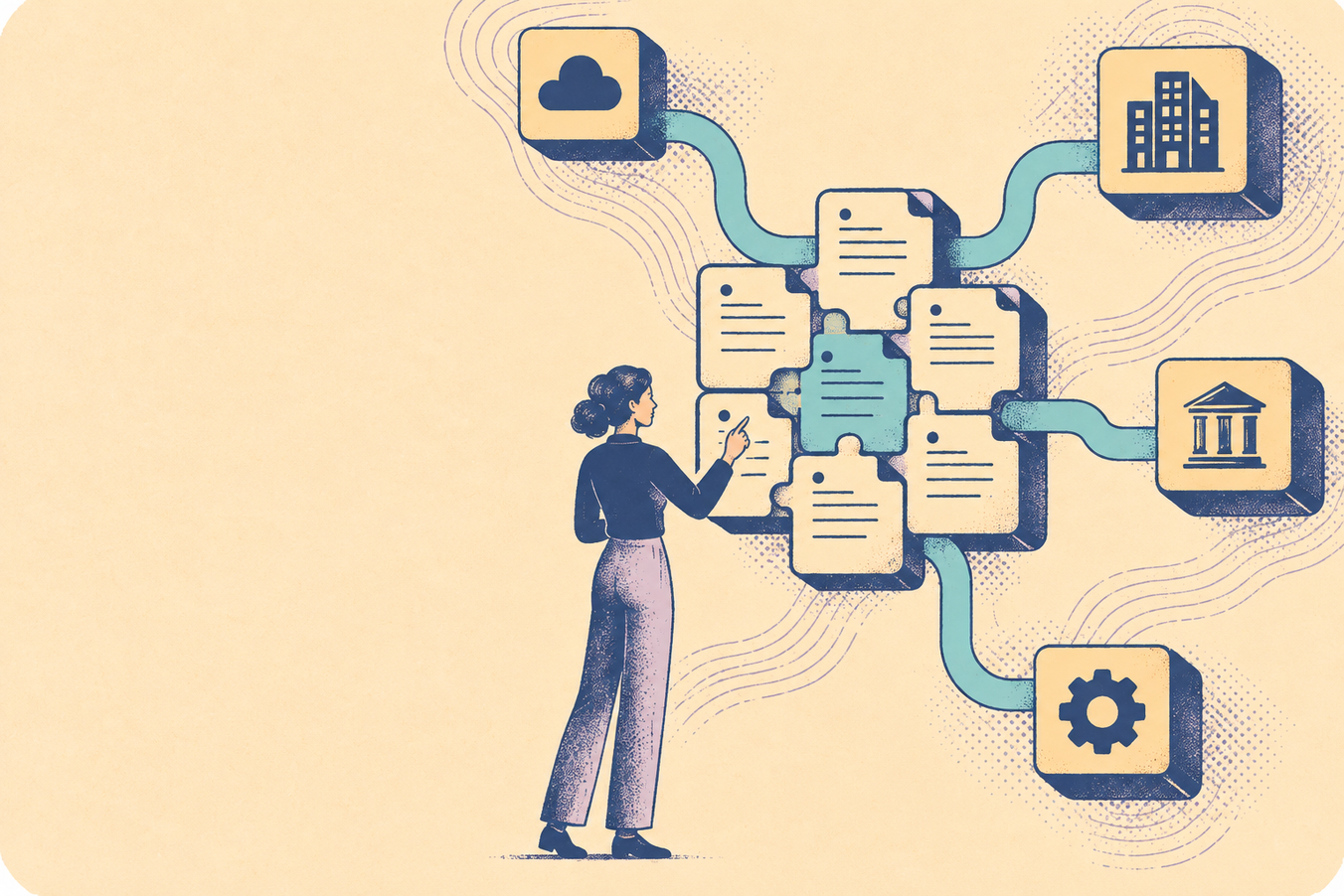 Editoriale Illustration eines digitalen Rechnungsworkflows. Mehrere Rechnungsdokumente werden zentral gebündelt und mit Cloud-Speicher, Unternehmen, Finanzsystemen und automatisierten Prozessen verbunden. Der helle, leicht gelbliche Orangeton im Hintergrund ergänzt die Spendesk-Farbwelt aus Indigo, Türkis, Lavendel und warmem Sand.